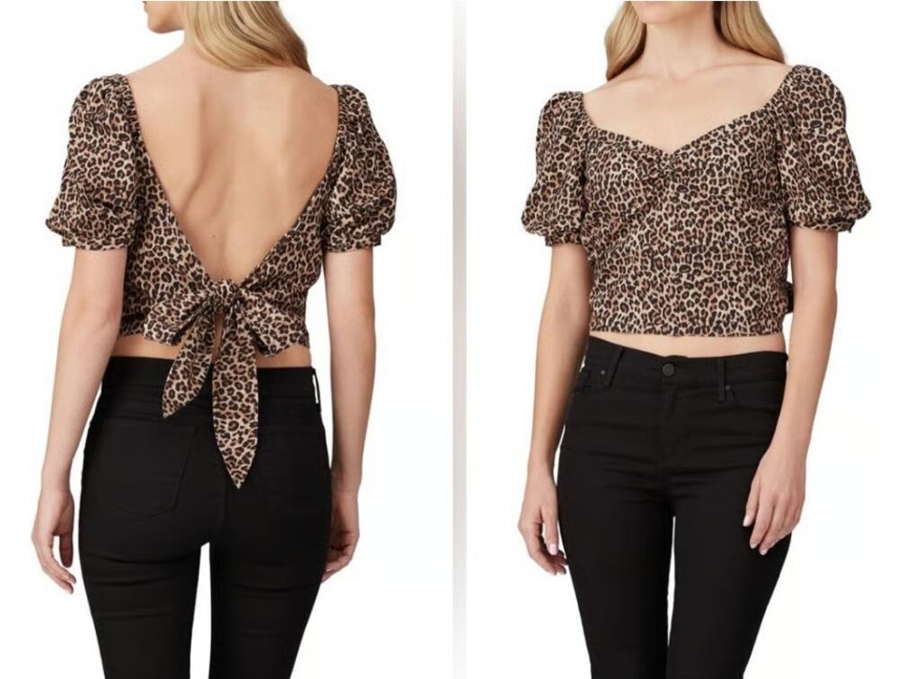 Marissa Webb Diane Leopard Puff Sleeve Open Back Crop Top Size M